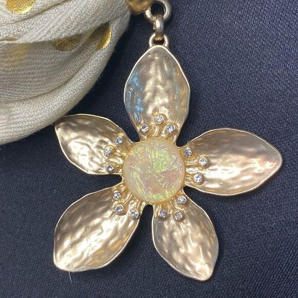 Gold tone flower scarf charm with rhinestones and opal like stone in center 3” - Picture 5 of 9